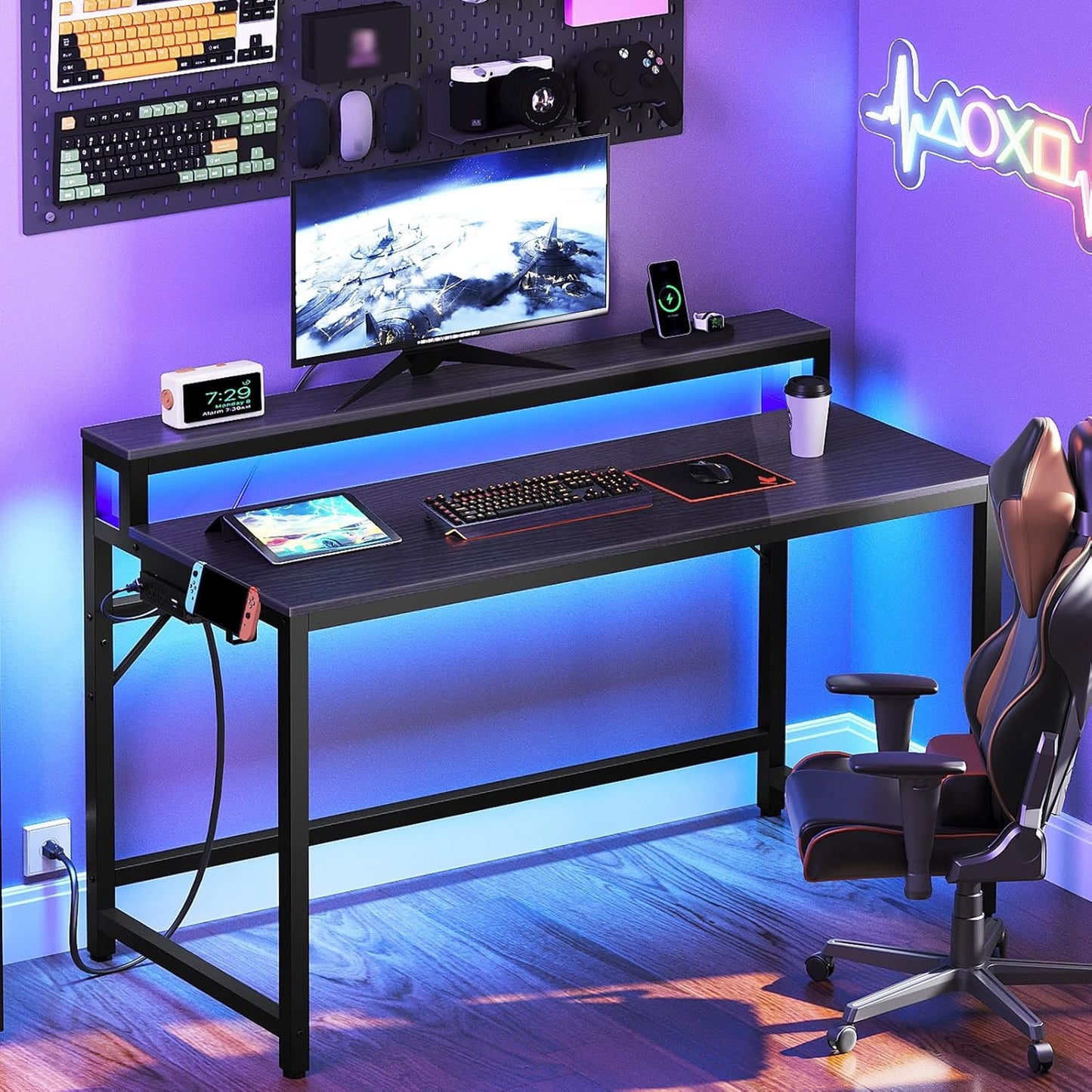 47.2" Computer Desk with Charging Station and LED Lights, Gaming Desk with Monitor Stand, 2-Tier Home Office Desk with 4 Side Hooks, for Living Room, Home Office, Black DN12UDBB