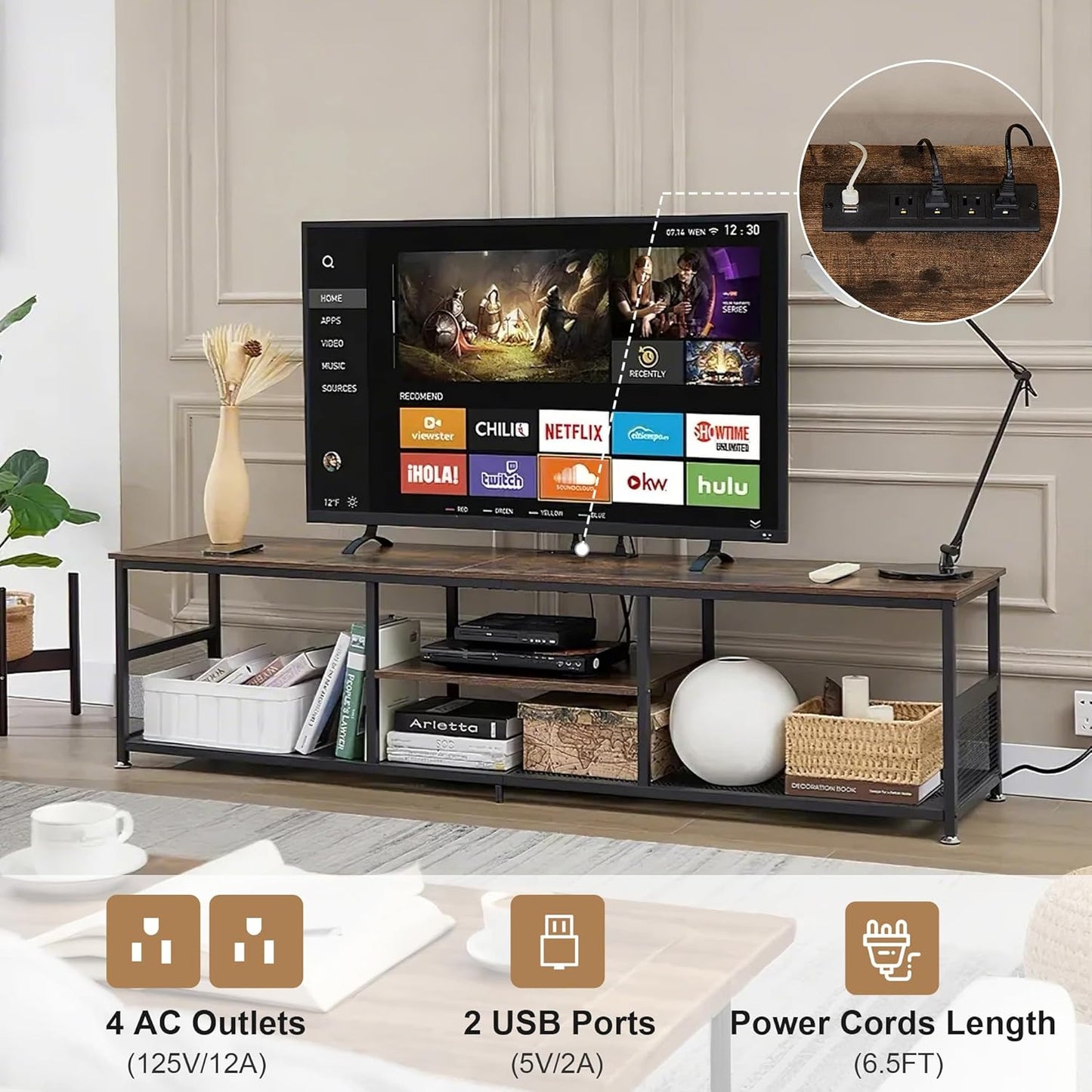 TV Stand with Power Outlets for Televisions up to 80 Inch,70" Media Entertainment Center with Charging Station 3-Tier Open Storage Shelves with Metal Frame for Living Room/Bedroom，Brown