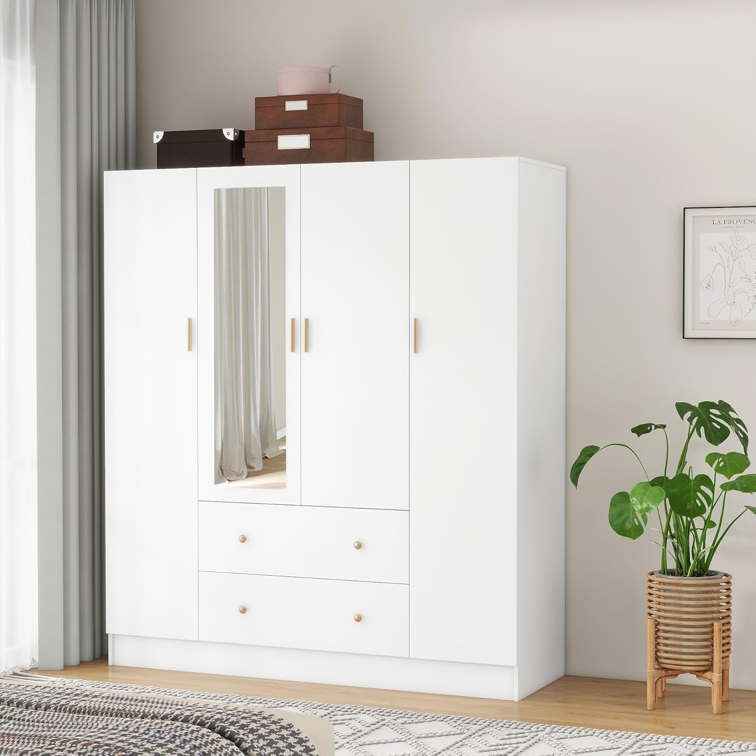 Bedroom Armoires Wardrobe Closet with 4 Doors 2 Drawers and Mirror, Large Shelves Hanging Rods for Bedroom, 62.7" W X 19.7" D X 70.8" H