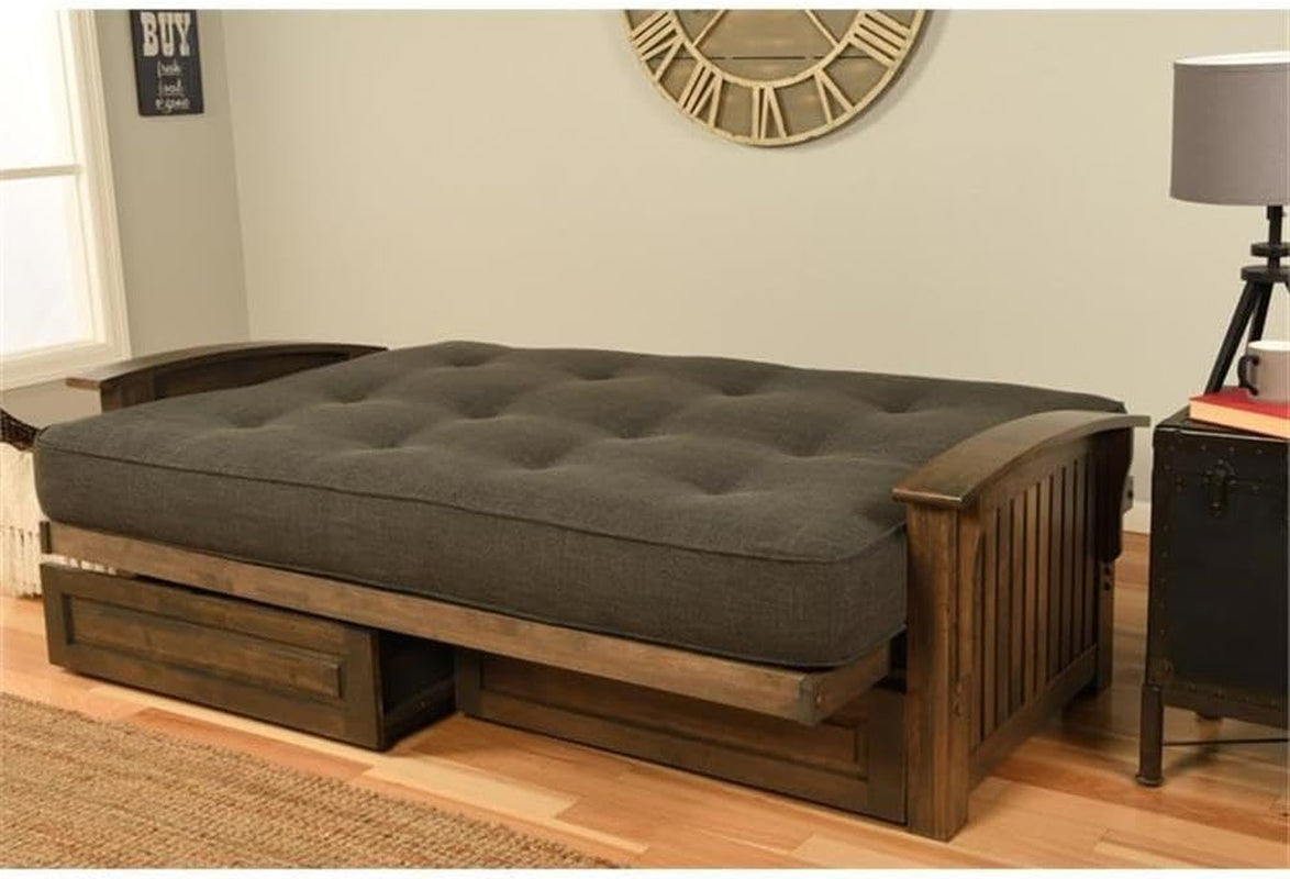 Washington Queen Size Futon Frame with Storage Drawers - Wood Futon Frame with Mattress Included in Suede Black Color