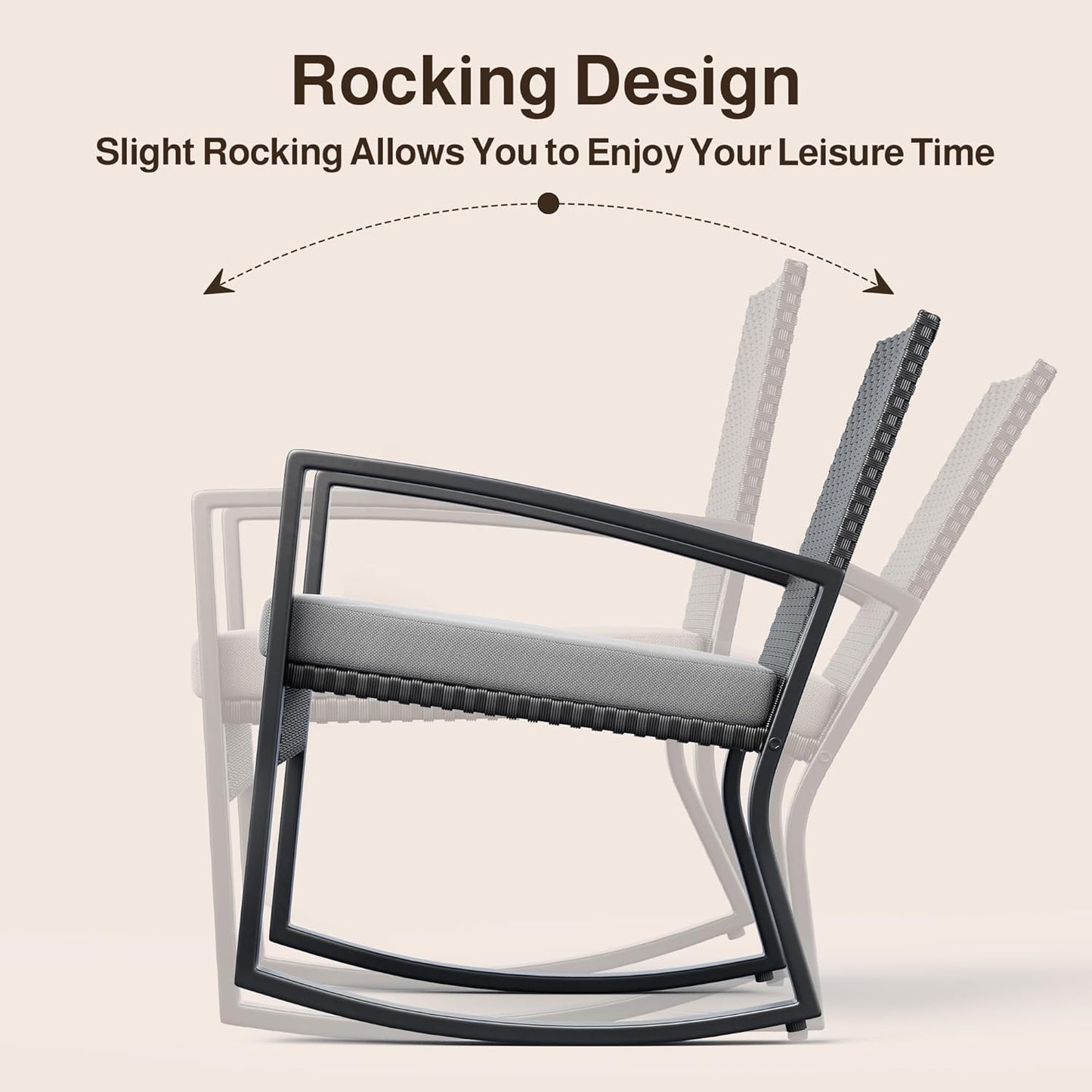 4 Piece Outdoor Patio Furniture Set, Wicker Patio Furniture with Glass Coffee Table, Rocking Wicker Bistro Set, for Backyard, Poolside, Porch (Grey)