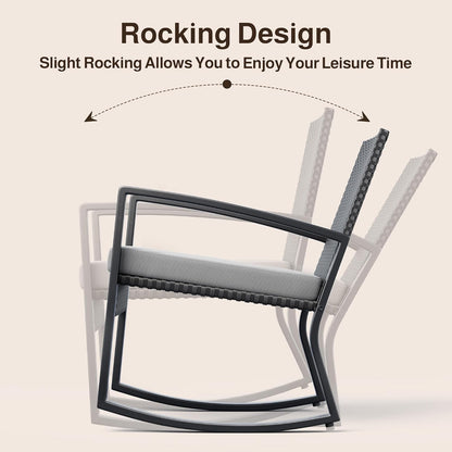 4 Piece Outdoor Patio Furniture Set, Wicker Patio Furniture with Glass Coffee Table, Rocking Wicker Bistro Set, for Backyard, Poolside, Porch (Grey)