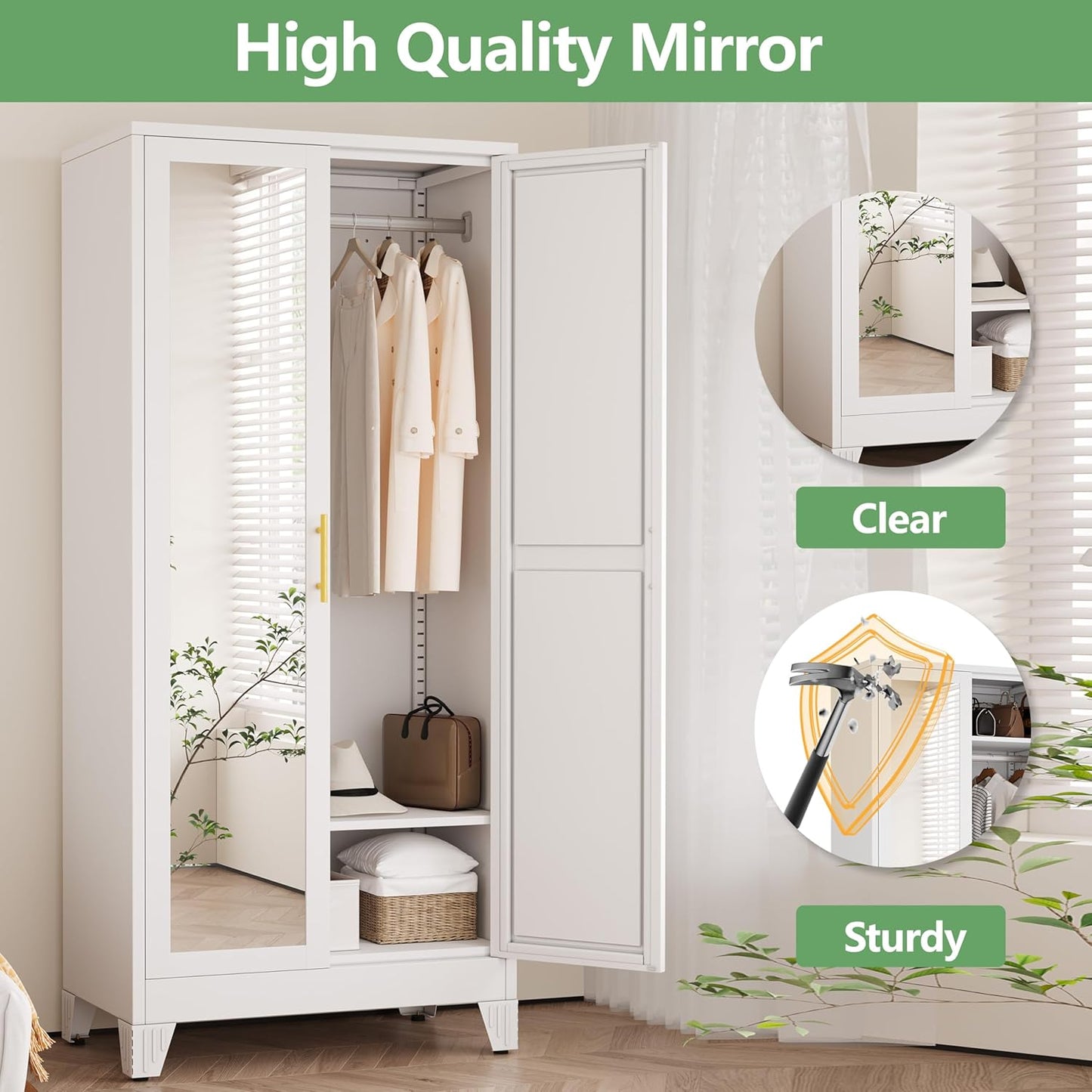 71" H Metal Armoire Wardrobe Closet with Mirror, Adjustable Shelve, Clothes Drying Pole, Steel Wardrobe Cabinet for Bedroom (White)