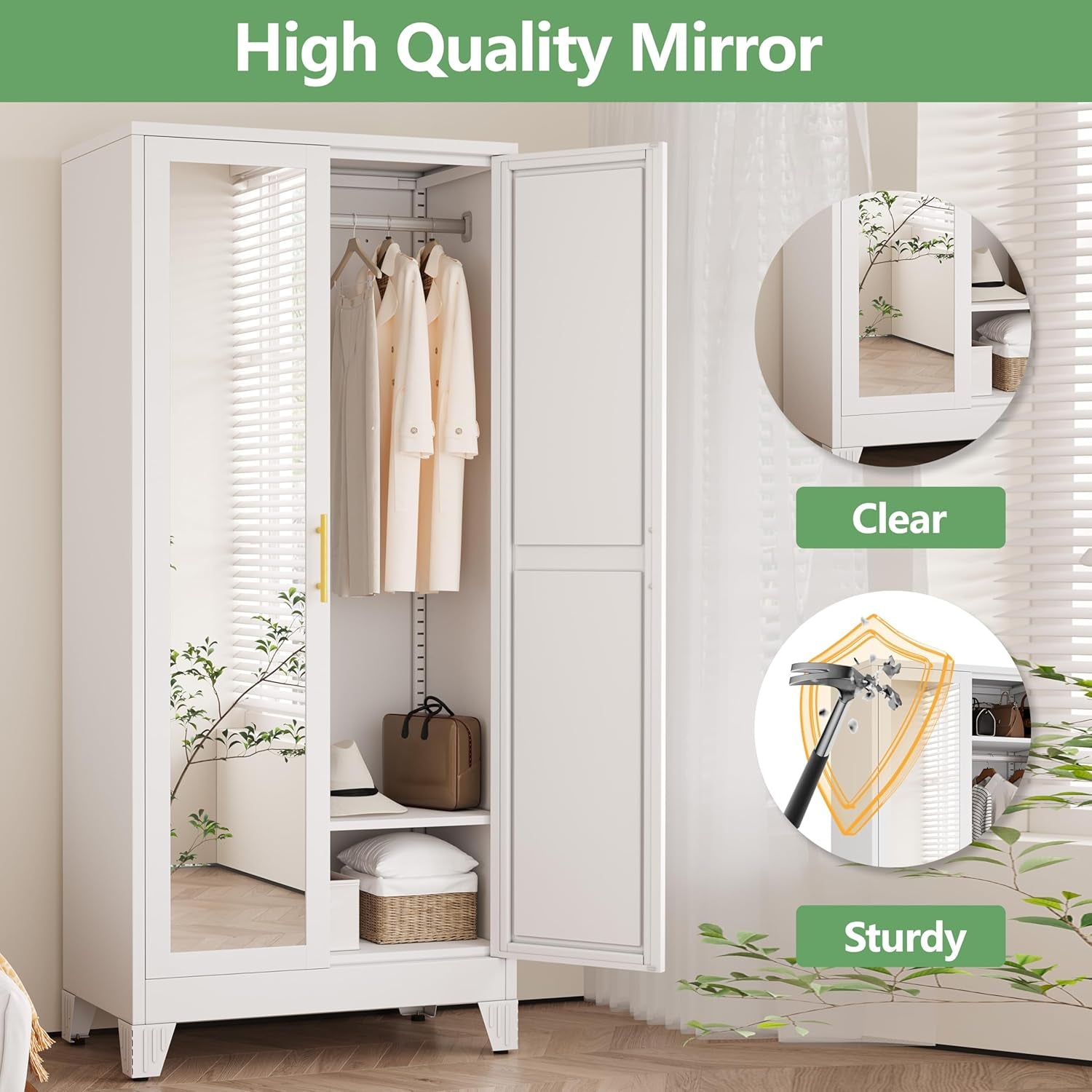 71" H Metal Armoire Wardrobe Closet with Mirror, Adjustable Shelve, Clothes Drying Pole, Steel Wardrobe Cabinet for Bedroom (White)