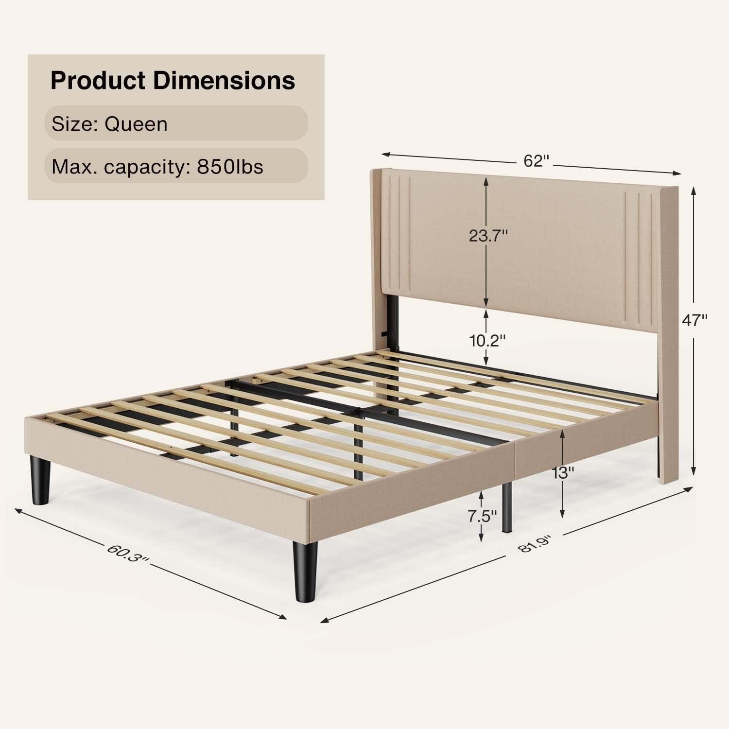 Queen Bed Frame with Wingback Headboard, Upholstered Platform Bed, Wooden Slats, Noise-Free, No Box Spring Needed, Easy Assembly