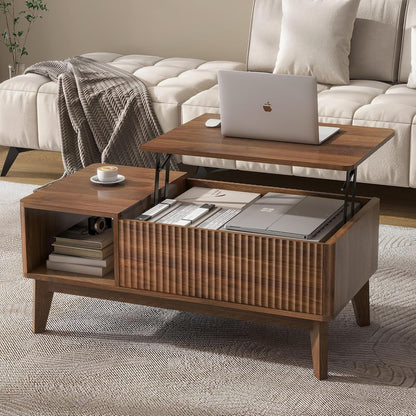 Fluted Lift Top Coffee Table with Storage, Modern Coffee Table for Living Room, Home Office（Walnut）