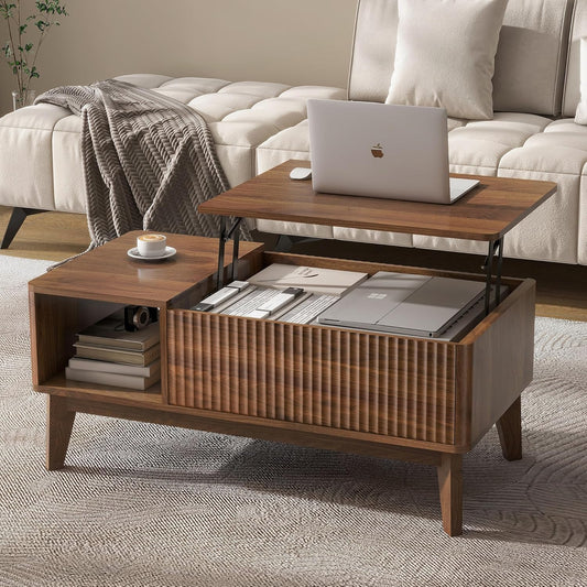 Fluted Lift Top Coffee Table with Storage, Modern Coffee Table for Living Room, Home Office（Walnut）