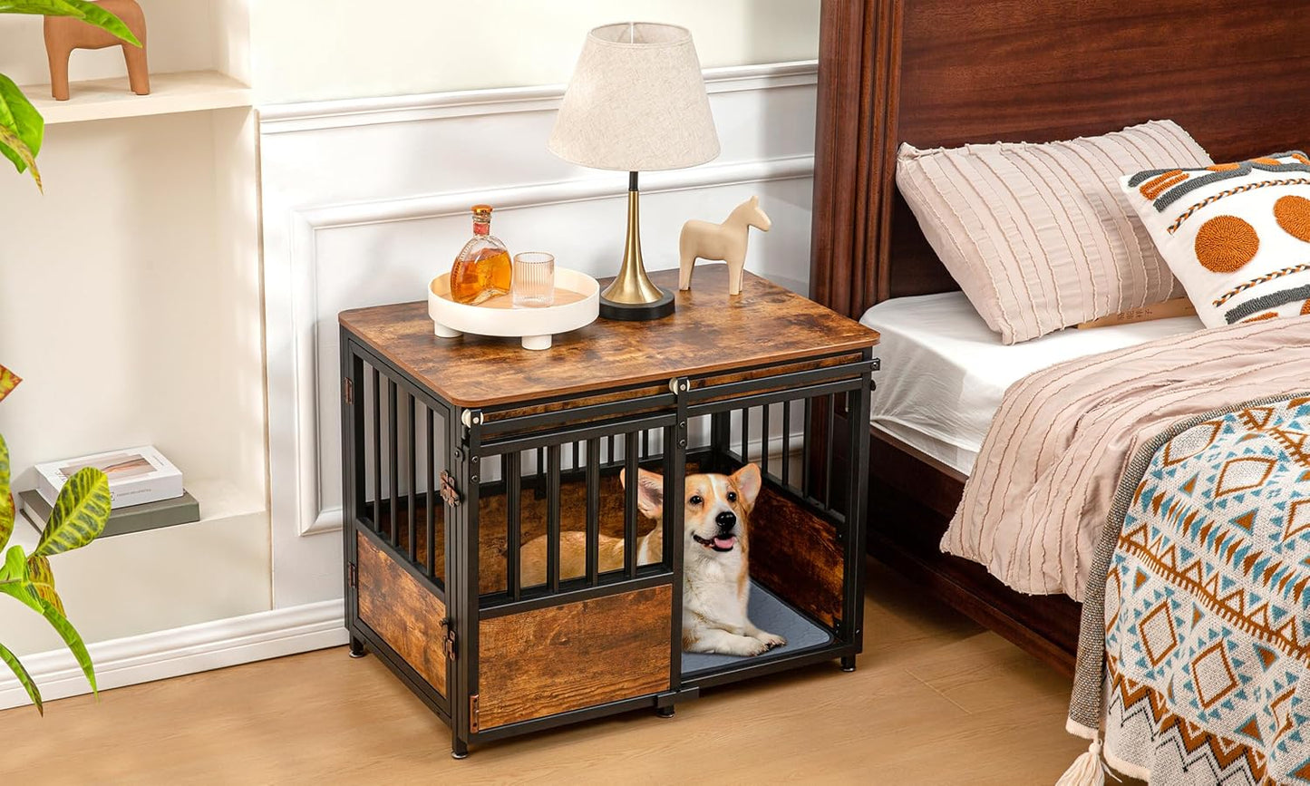 43.7" Inch Dog Crate Furniture with Cushion for Large Dogs, Wooden Heavy Duty Dog Kennel with Double Doors Indoor, Decorative Pet House Dog Cage Side End Table, Rustic Brown
