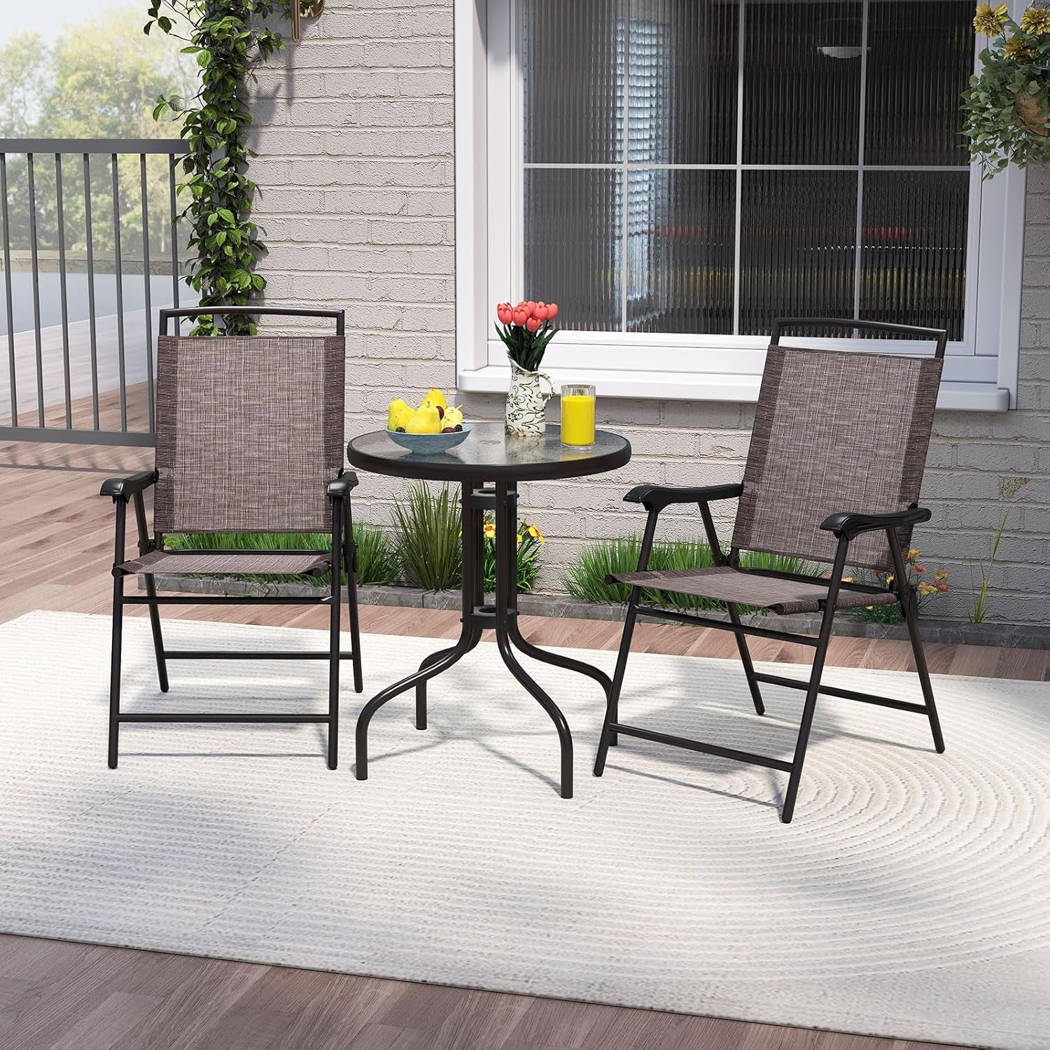 Bistro Table and Chairs Set of 2, Outdoor 3 Piece Patio Bistro Set with 1.57” Umbrella Hole, Tempered Glass Tabletop, 2 Folding Chairs, Small Patio Furniture Dining Set for Garden, Balcony