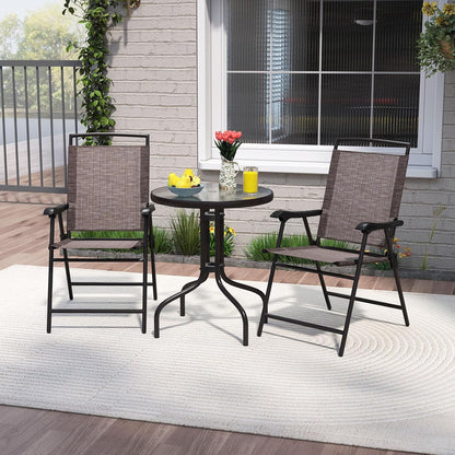 Bistro Table and Chairs Set of 2, Outdoor 3 Piece Patio Bistro Set with 1.57” Umbrella Hole, Tempered Glass Tabletop, 2 Folding Chairs, Small Patio Furniture Dining Set for Garden, Balcony