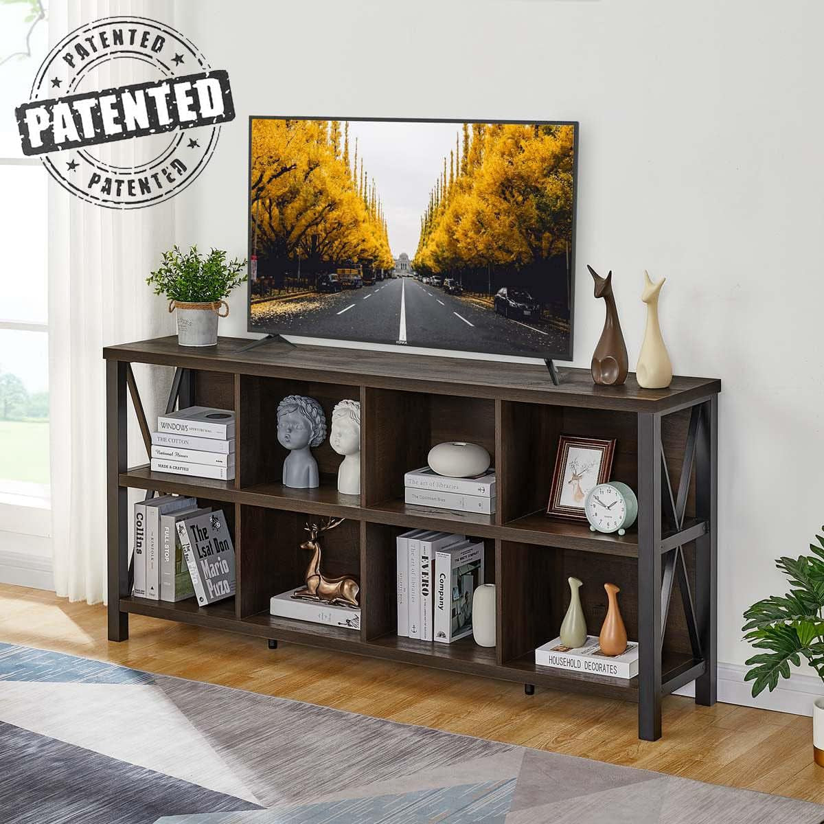 8 Cube Storage Organizer, 62 Inch Heavy Duty Horizontal Bookshelf, Industrial Long Bookcase and TV Stand for 65 Inch TV, Rustic Wood Accent Shelf for Living Room (Walnut Brown)