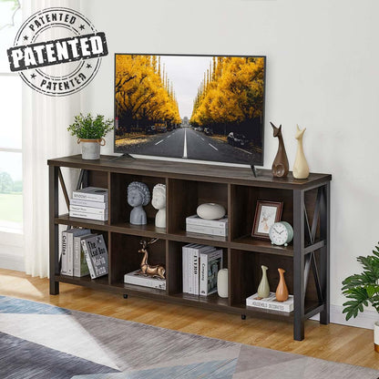 8 Cube Storage Organizer, 62 Inch Heavy Duty Horizontal Bookshelf, Industrial Long Bookcase and TV Stand for 65 Inch TV, Rustic Wood Accent Shelf for Living Room (Walnut Brown)