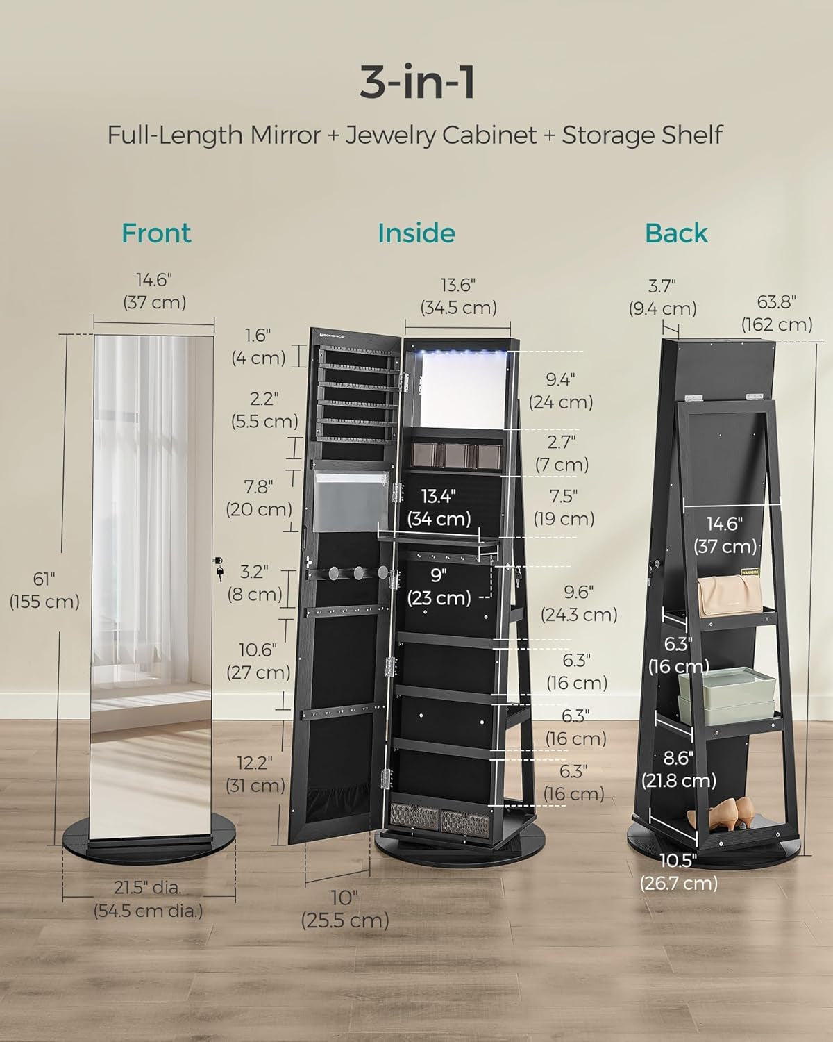 6 Leds Lockable Mirror Jewelry Cabinet, 360° Swivel Jewelry Organizer Armoire Standing, Frameless Full-Length Mirror, 3 Storage Shelves, Black Surface, Black Lining UJJC007B01