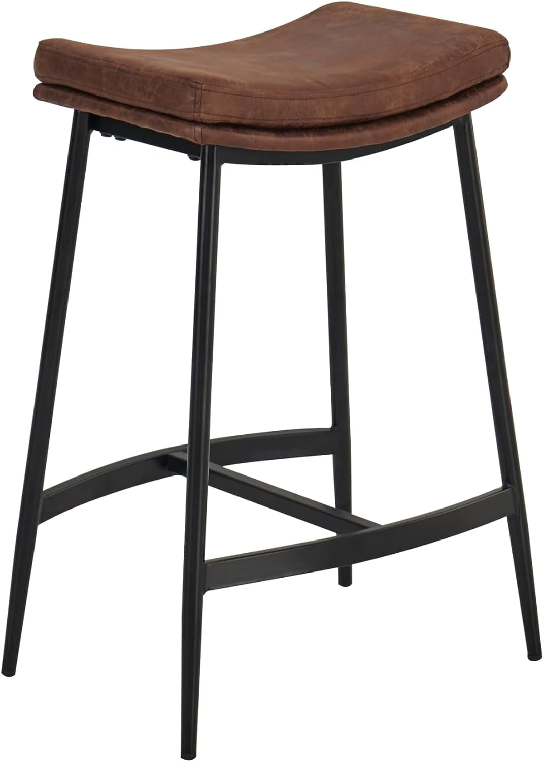 Arlo Modern Backless Upholstered Kitchen Counter Bar Stool with Double-Layered Saddle Seat and Black Metal Base, Brown/Matte Black, Set of 2