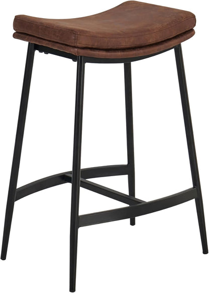 Arlo Modern Backless Upholstered Kitchen Counter Bar Stool with Double-Layered Saddle Seat and Black Metal Base, Brown/Matte Black, Set of 2