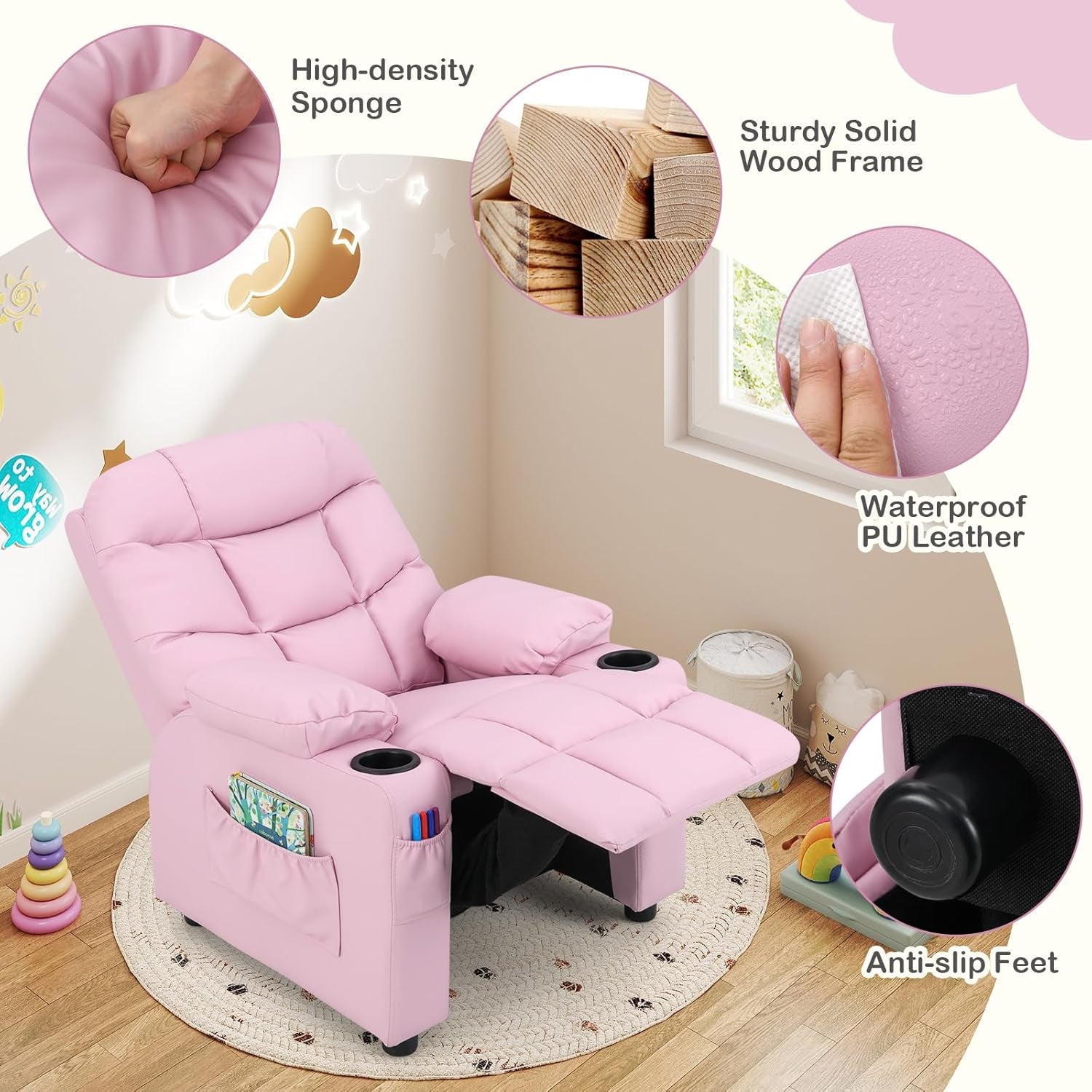 Kids Recliner Chair with Cup Holder, Adjustable Lounge Chair W/Footrest & Side Pockets for Children Boys Girls Room, Ergonomic Toddler Furniture Sofa, Kids Pink Recliner (Pink)