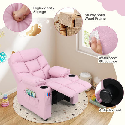 Kids Recliner Chair with Cup Holder, Adjustable Lounge Chair W/Footrest & Side Pockets for Children Boys Girls Room, Ergonomic Toddler Furniture Sofa, Kids Pink Recliner (Pink)