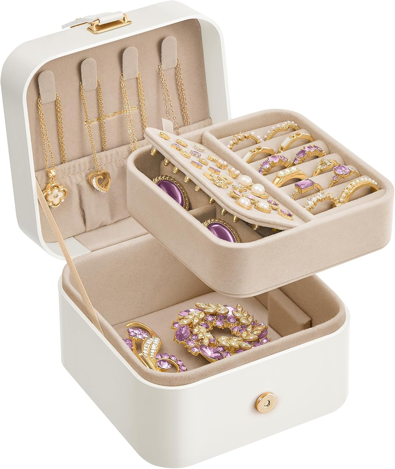 Jewelry Organizer Box, 2-Layer Travel Case for Earrings, Necklaces, Bracelets - Portable Jewelry Storage with Large Capacity, Gift-Ready Box for Women & Girls, Cloud White UJBC166W01
