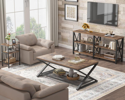 Rustic Coffee Table with Storage, Industrial Wood Metal 2 Tier Center Living Room Table with Mesh Shelf, Farmhouse Wooden Low Rectangle Cocktail Tea Table for Office Bedroom, 47 Inch, Rustic Brown
