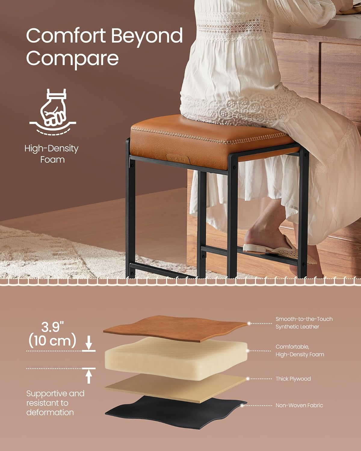 EKHO Collection - Bar Stools Set of 2, Counter Height Bar Stools, Synthetic Leather with Stitching, Mid-Century Modern Counter Stools, 26-Inch Tall, Kichen Home Bar Dining Room, Caramel Brown