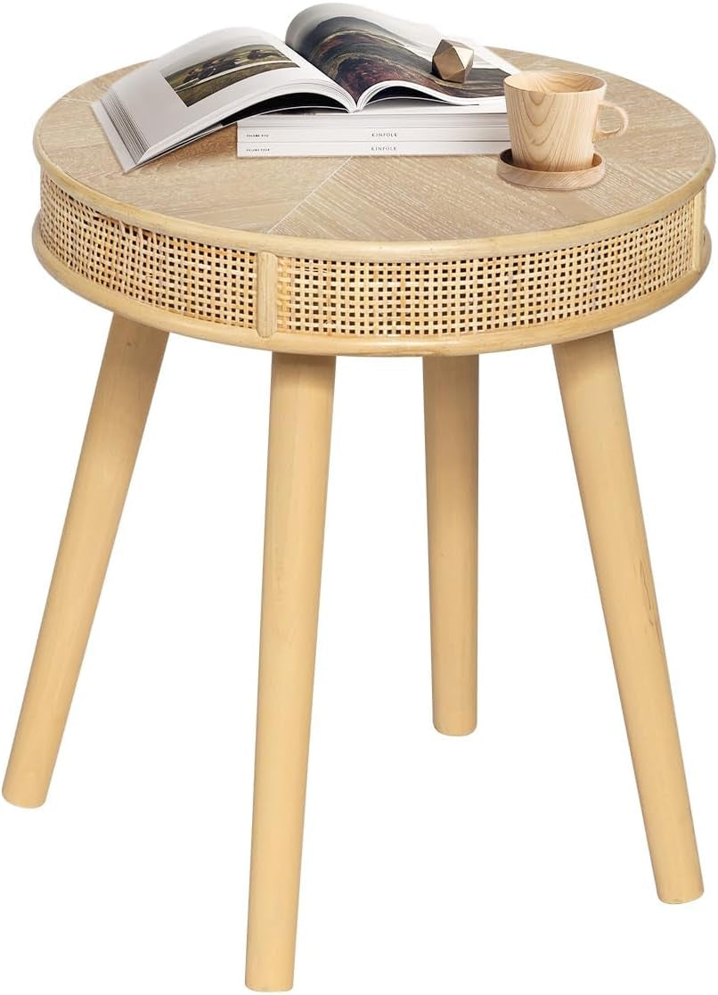 2-Piece Farmhouse Coffee Table, Modern Rustic Sofa Side Tea Tables, Solid Wood Finish with Crafted Rattan Side and End Table Sets for Living Room (Natural)