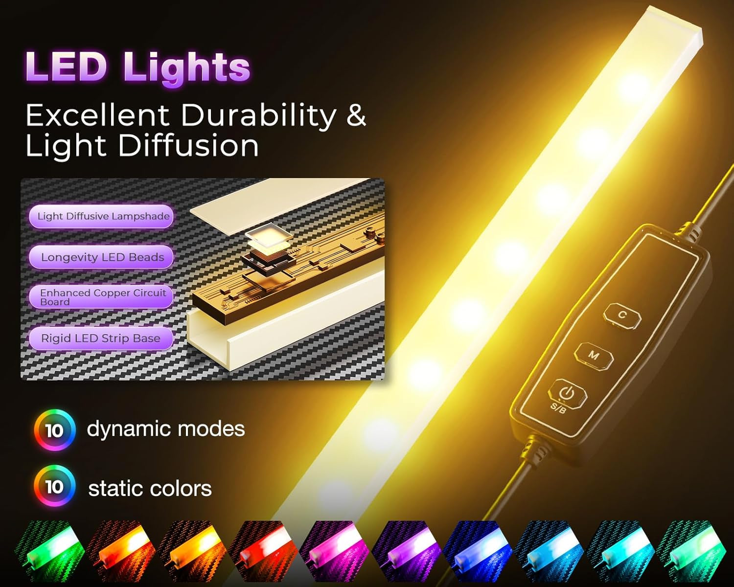 53 Inch L Shaped Desk with LED Lighting, Reversible Gaming Desk with Power Outlets, Cornor Computer Table with Storage Shelves & Bag & Iron Hook, Home Office Table for Writing, Study, Black