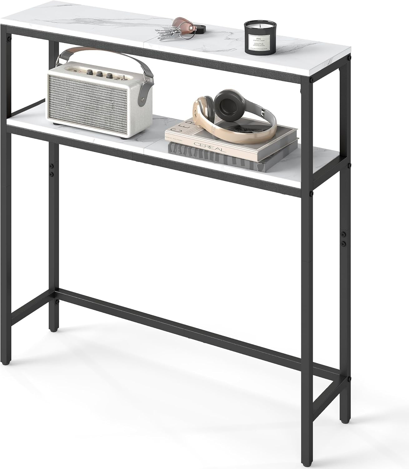 Console Table, 2-Tier Narrow Sofa Table with 2 Shelves, 7.9 X 31.5 X 31.5 Inches, for Living Room, Hallway, Entryway, Marble White and Ink Black ULNT130W59V1