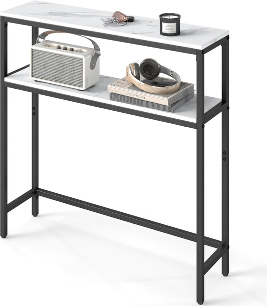 Console Table, 2-Tier Narrow Sofa Table with 2 Shelves, 7.9 X 31.5 X 31.5 Inches, for Living Room, Hallway, Entryway, Marble White and Ink Black ULNT130W59V1