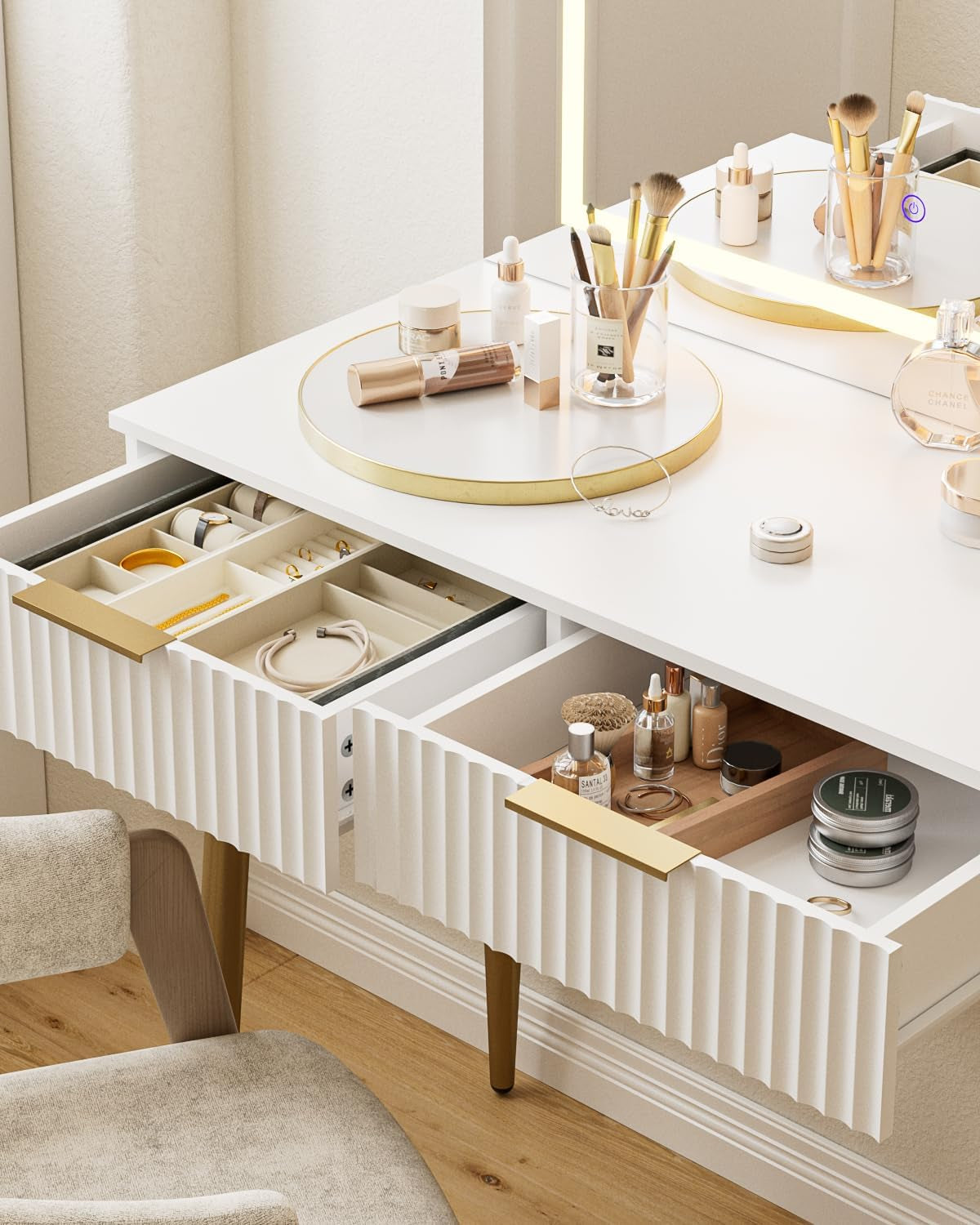 Makeup Vanity Desk with Lights and Mirror, Small Makeup Vanity Table with 2 Drawers, Dressing Table with 3 Adjustable Lighting Color, Small Makeup Desk for Bedroom, White with Gold Leg