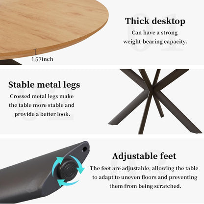 43.2"-59.1" Extendable round Dining Table Set, Kitchen Table for 4-6 Person with Scratch-Resistant Thickened MDF Board, Oak Coffee Table W/Metal Legs