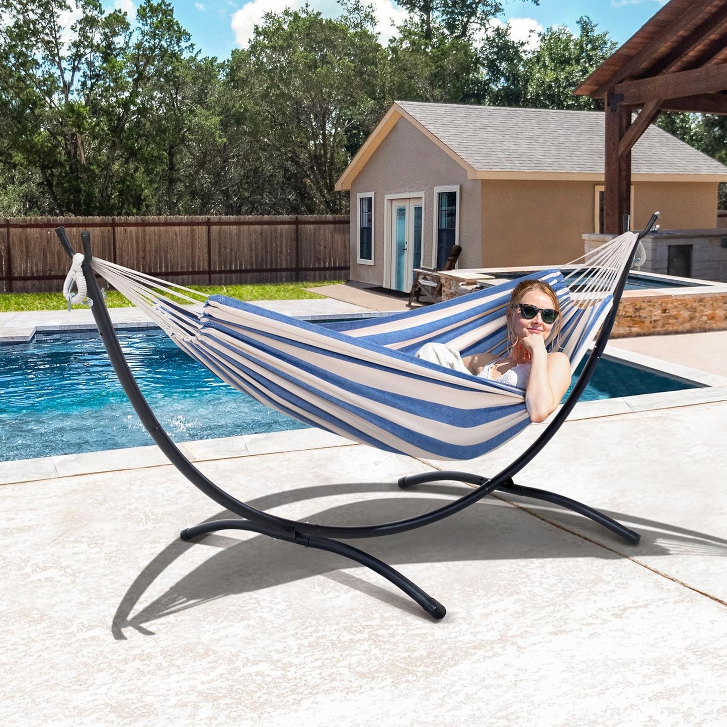Backyard Hammock with Frame, Hammock Frames for Outside, 475 Lbs Capacity, Blue & White Stripes