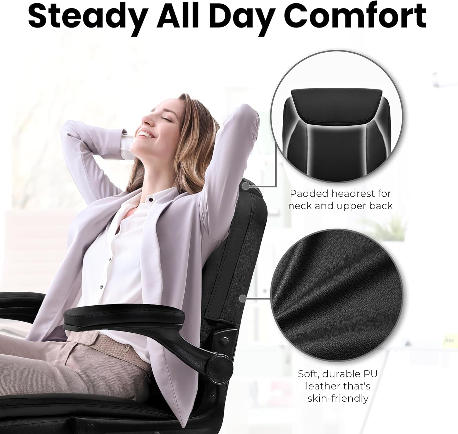 Office Desk Computer Chair Ergonomic Executive Mid-Back Leather Gaming Chair with Adjustable Flip-Up Armrests Wheels Swivel for Home Study Task (Jet Black)