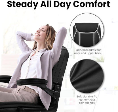 Office Desk Computer Chair Ergonomic Executive Mid-Back Leather Gaming Chair with Adjustable Flip-Up Armrests Wheels Swivel for Home Study Task (Jet Black)