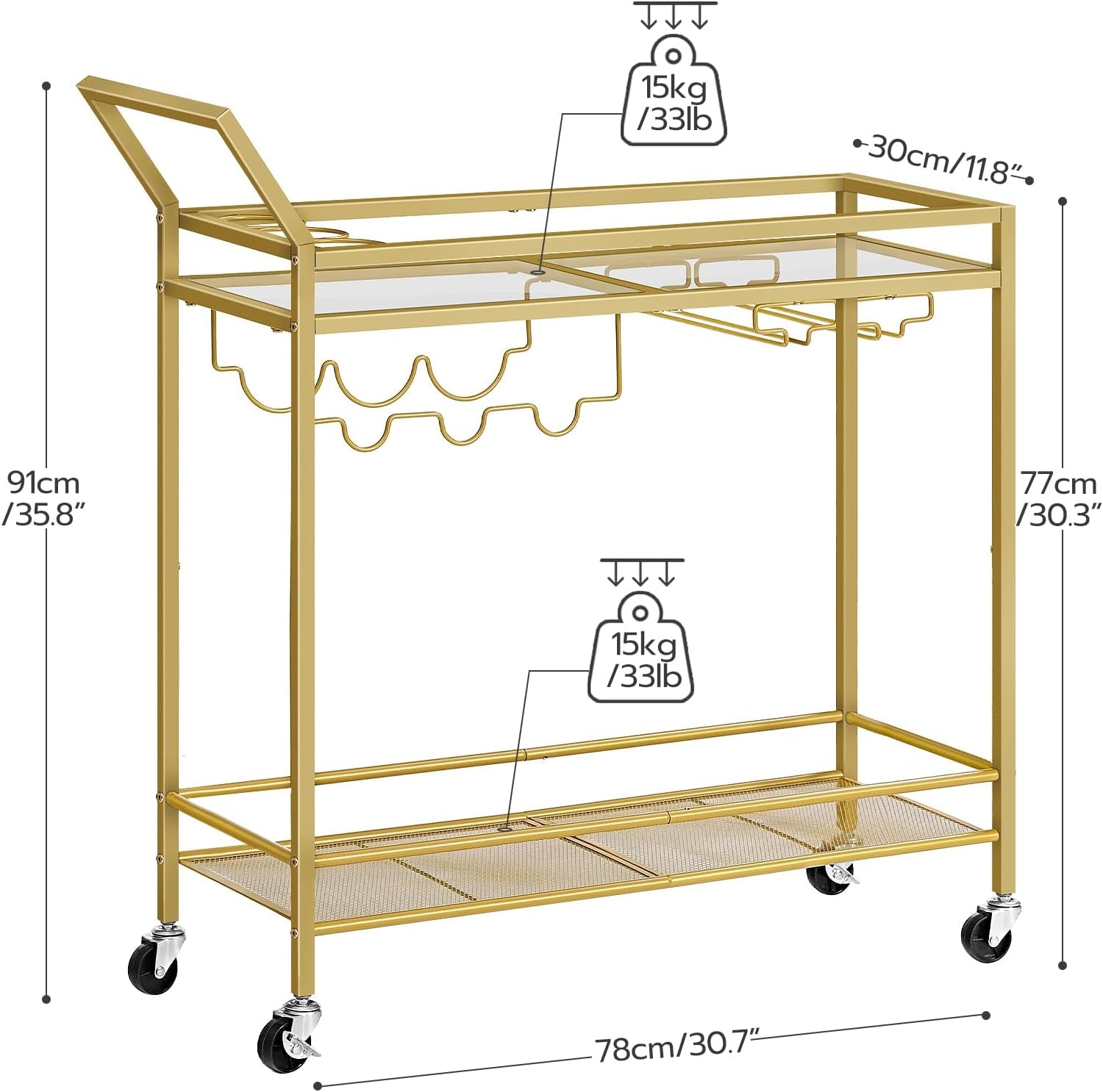 Bar Cart for the Home, 2-Tier Kitchen Cart with Wine Rack and Glass Holder, Serving Cart with Wheels and Guard Rails for Dining Room, Living Room, Party, Bar, Gold GD11TC01