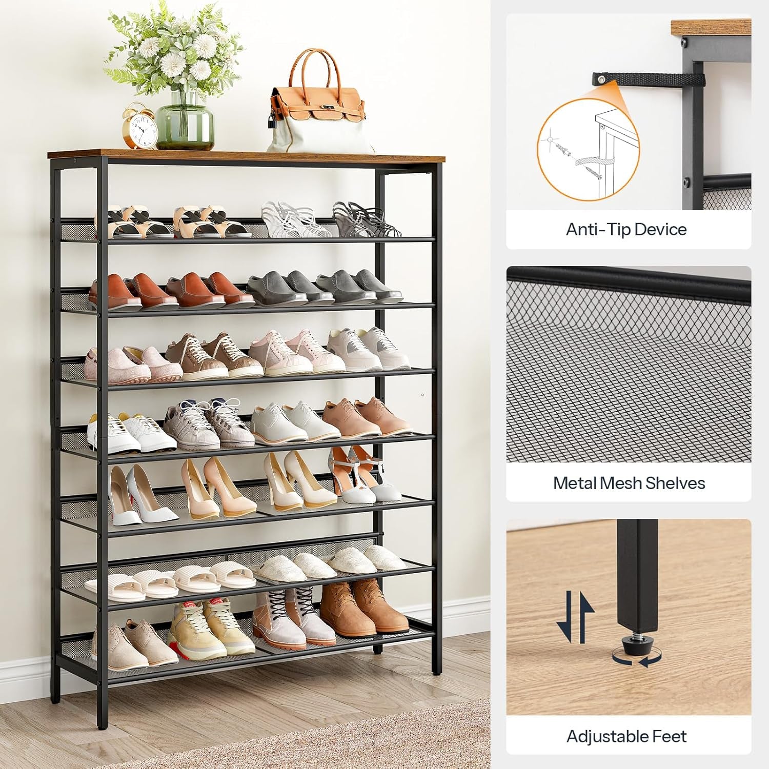 Shoe Rack for Entryway, 8-Tier Shoe Shelf, Large Capacity Shoe Storage Organizer for 32-40 Pairs of Shoes, Front Door Entrance, Hallway, Closet, Space Saver, Rustic Brown and Black BF118XJ01