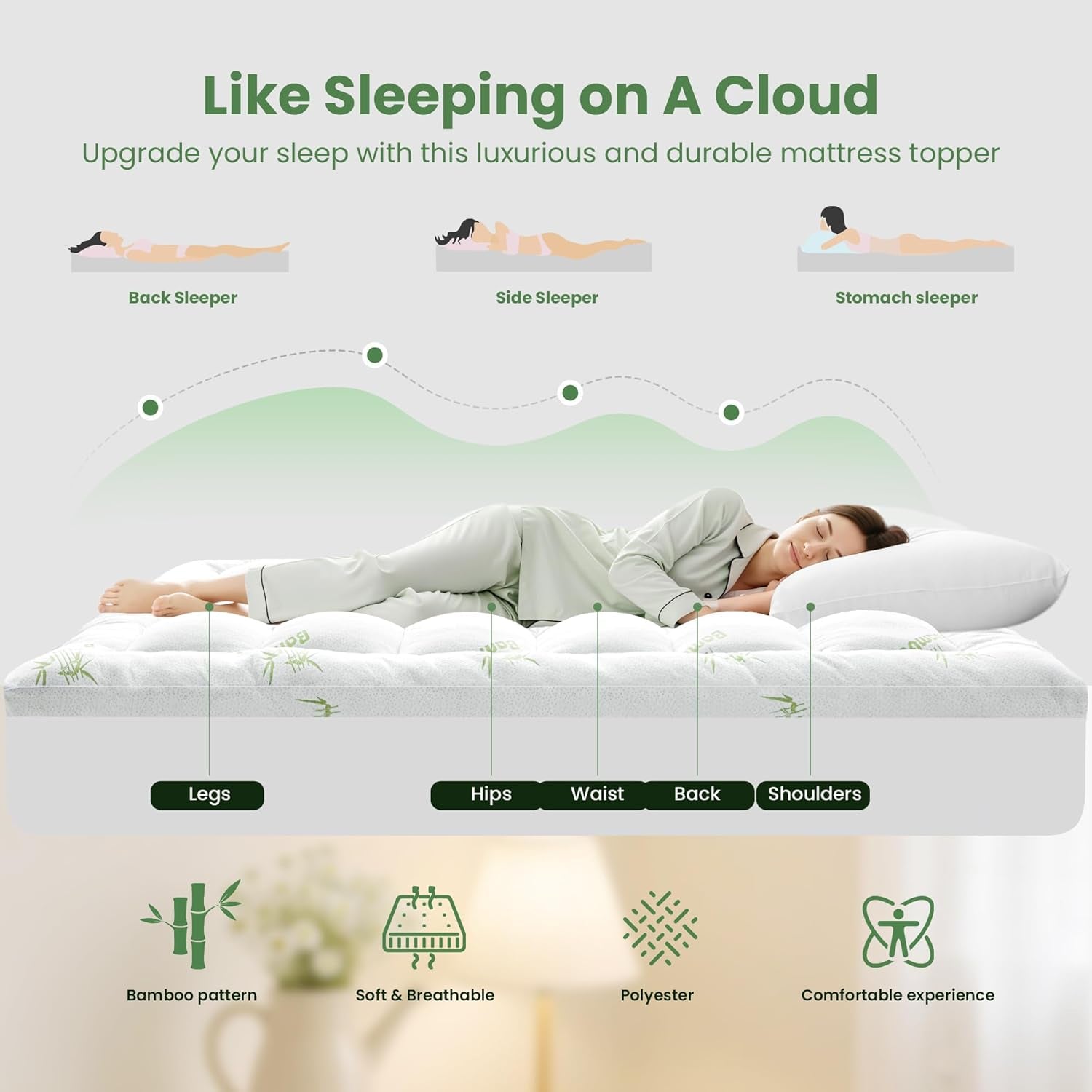 Queen Mattress Topper - Bamboo Viscose Mattress Protector, Bedding Mattress Pad for Back Pain Relief, Queen Size