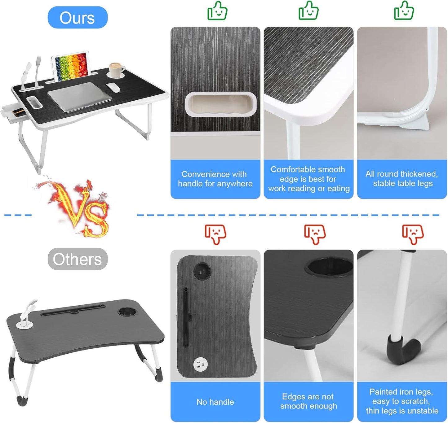Laptop Bed Table, Laptop Desk for Bed, Foldable Laptop Bed Desk with USB Charge Port, Handle, Desktop Card Slot, Cup Slot, Side Drawer, Portable Laptop Table for Bed Eating Reading Working