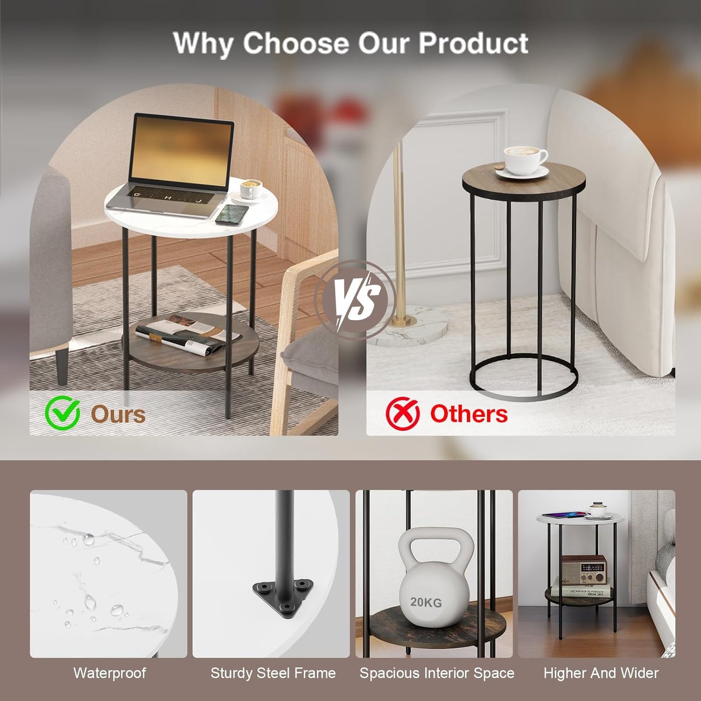 End Tables Living Room - Sturdy Sidetable with Metal Frame, Modern Small Sofa & Bedside Table,Multi-Functional round Coffee Table for Bedroom, Balcony, Sofa, Gym,Office