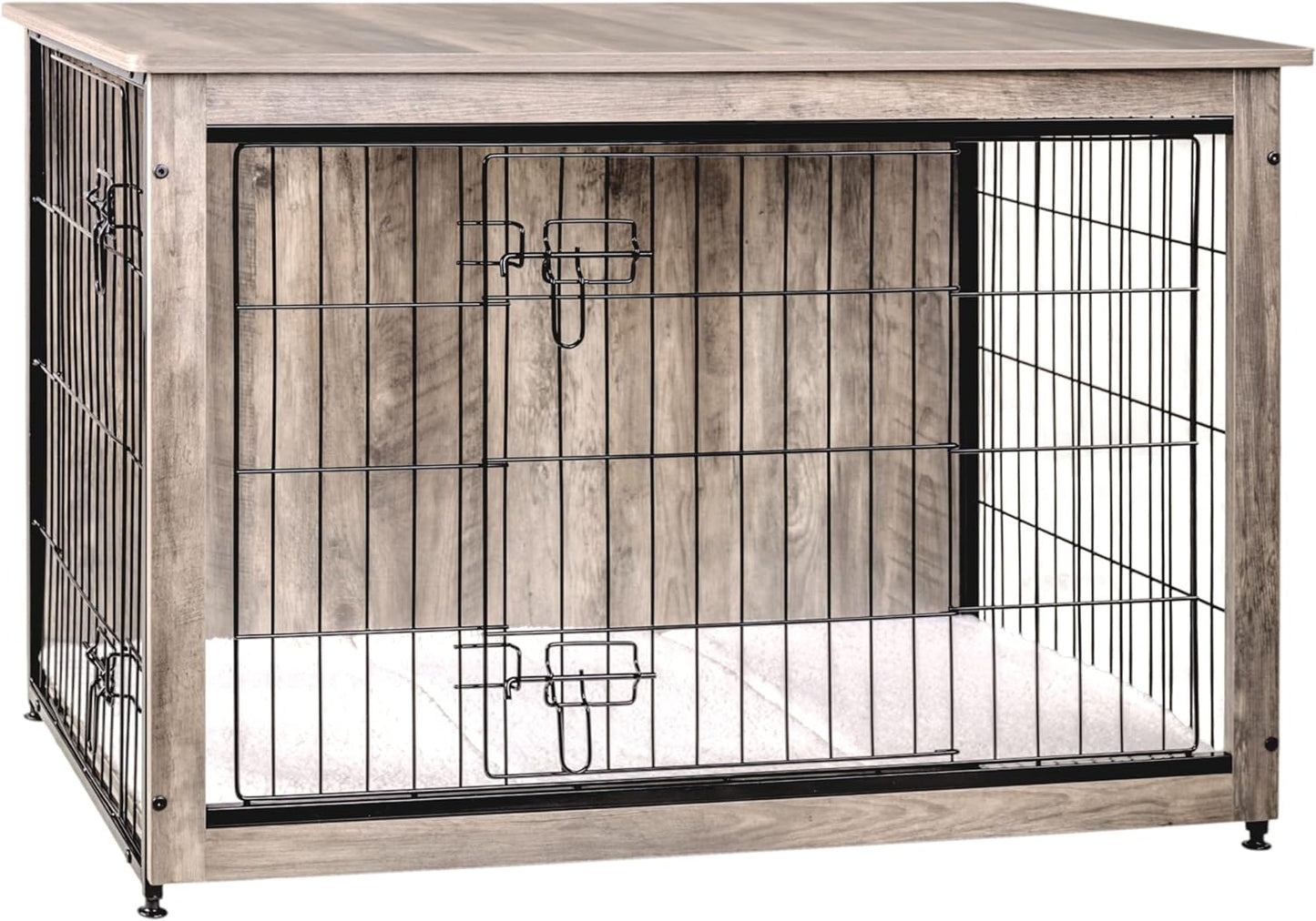 Dog Crate Furniture with Cushion, Wooden Kennel Table with Double Doors, Indoor Dog House, Large Size, 38.5" L, Greige