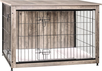 Dog Crate Furniture with Cushion, Wooden Kennel Table with Double Doors, Indoor Dog House, Large Size, 38.5" L, Greige