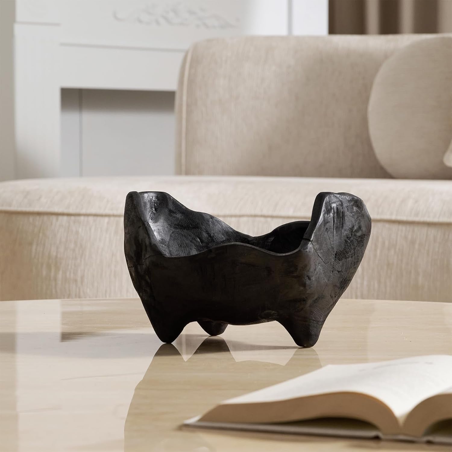 Oak Wood Black Decorative Bowl-9.25X5.51 Inch Small Bowl for Entryway Key, Fruit, Candy with Feet, Boho Farmhouse Home Decor for Dining Room, Coffee Table Centerpiece