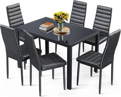 Kitchen Dining Table Set for 6, Tempered Glass 7 Piece Table and Chairs Set Modern for Home, Kitchen, Living Room, Dining Room,Black