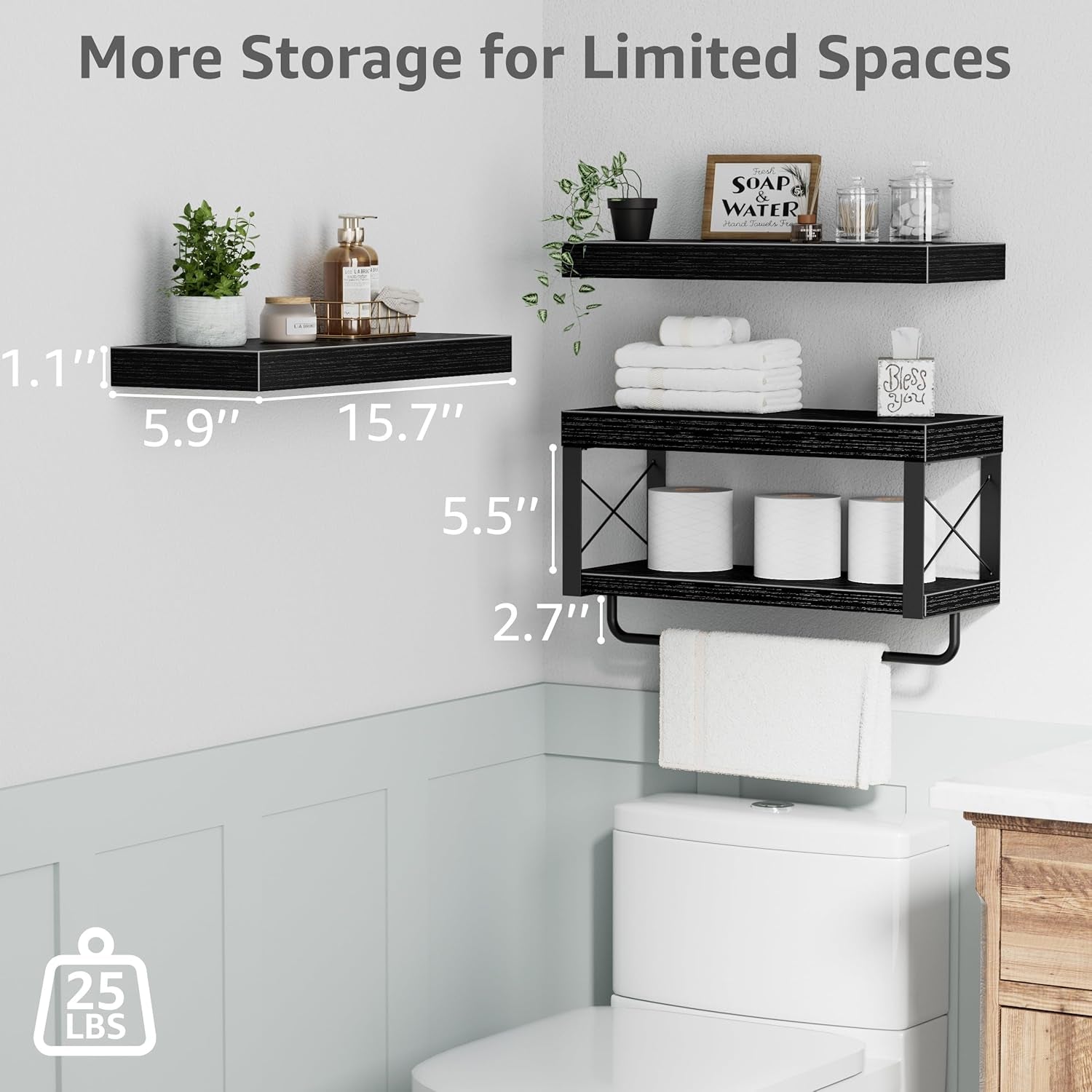 Bathroom Shelves over Toilet - Floating Shelf for Wall Toilet Paper Storage Farmhouse 16 Inch Set of 3, Black (029-40B3)