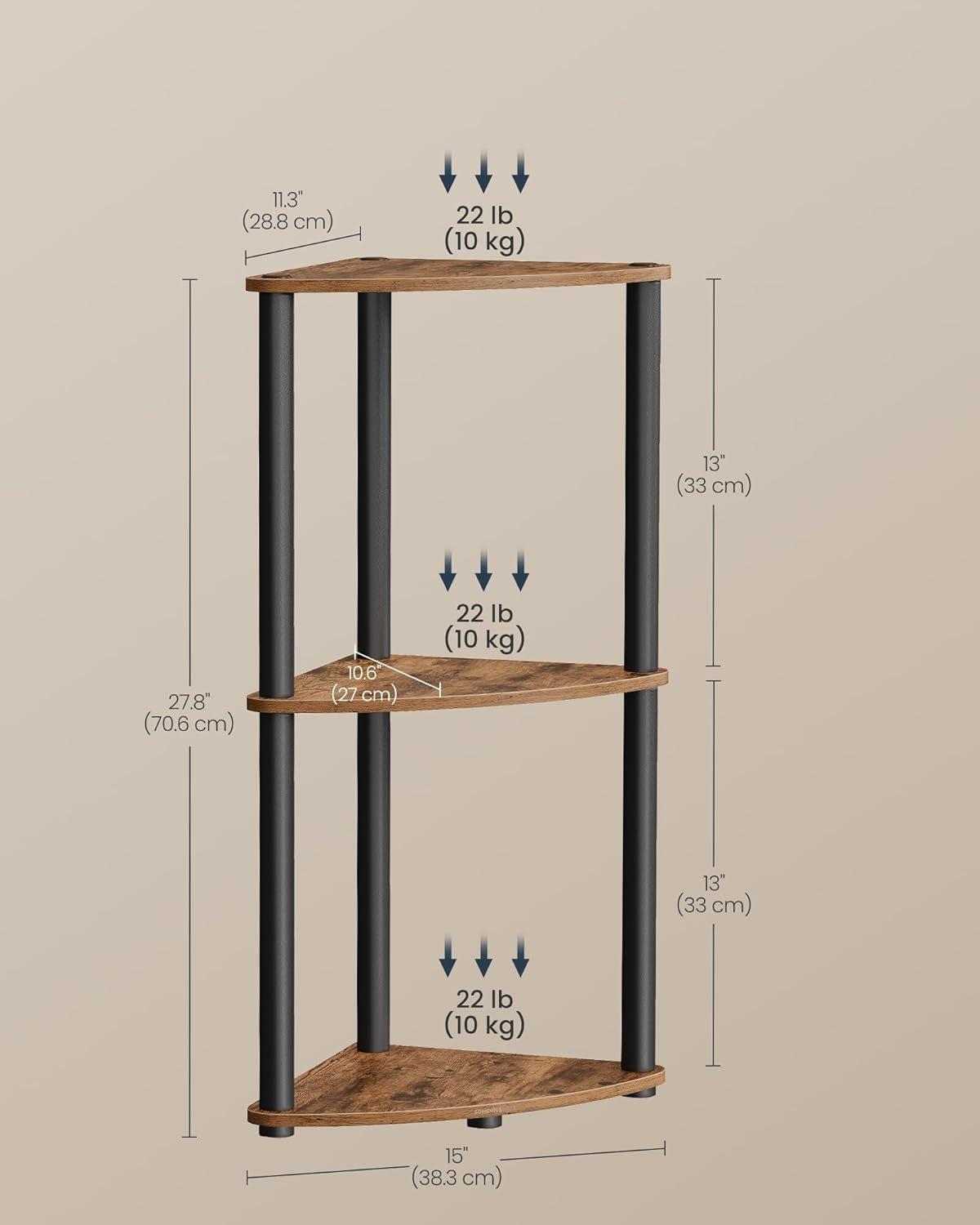 Superfast Toolless Assembly, Corner Shelf Stand, 3-Tier Corner Standing Shelf, Living Room, Bedroom, Kitchen, 15 X 10.6 X 27.8 Inches, Rustic Brown ULBC620K01