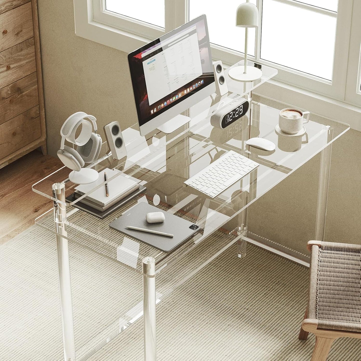 Acrylic Desk - 47.2" L X 19.7'' W X 34.5" H - Modern Home Office Desk with Monitor Stand - Clear Desk Computer Desk Writing Table for Office, Living Room, Bedroom