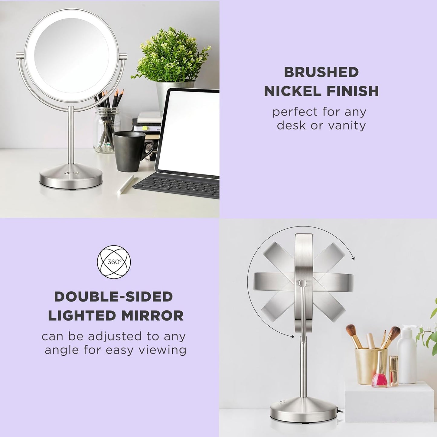 Lighted Makeup Mirror, Double-Sided LED Vanity Mirror with 1X/10X Magnification, 3 Light Settings, 3 Modes, 360° Rotation, Satin Nickel Finish