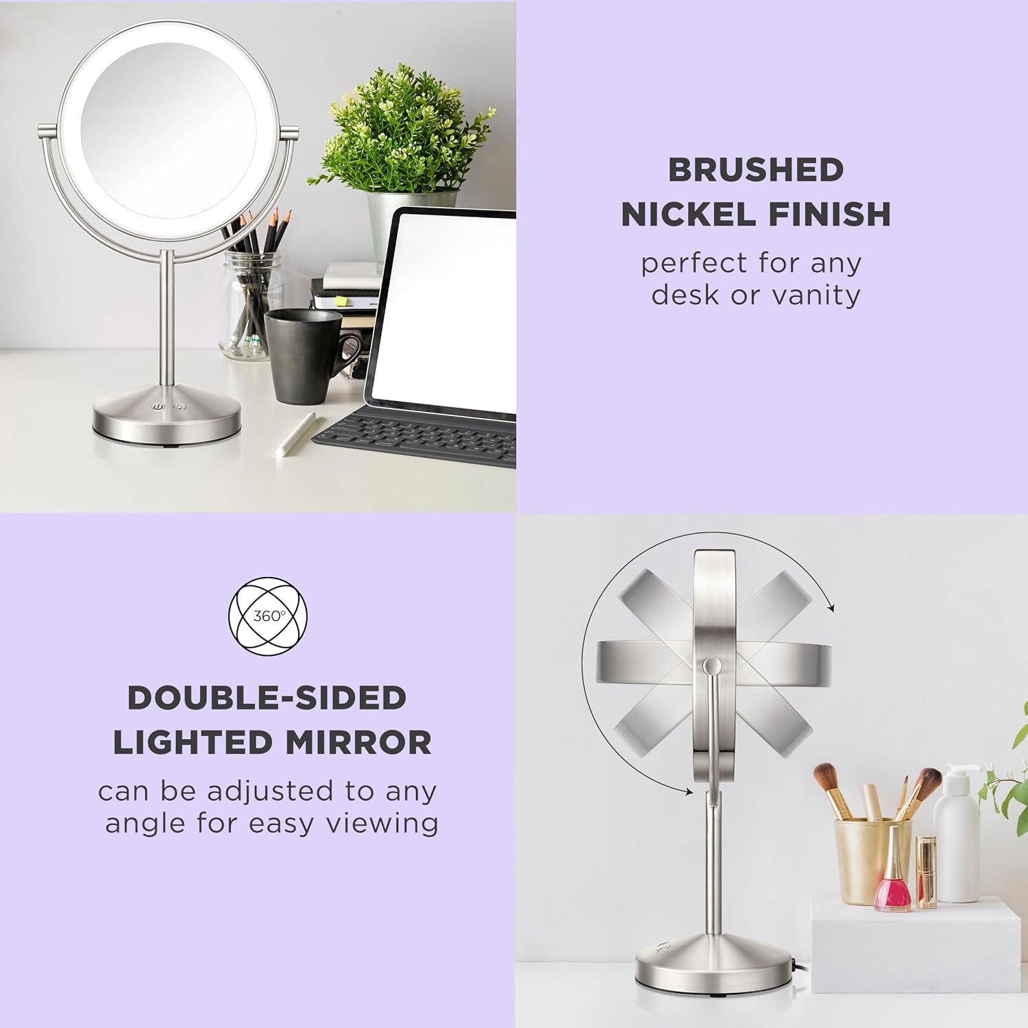 Lighted Makeup Mirror, Double-Sided LED Vanity Mirror with 1X/10X Magnification, 3 Light Settings, 3 Modes, 360° Rotation, Satin Nickel Finish