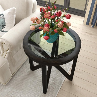 Modern Black Tempered Glass Side Table,Round End Table with Tempered Glass Top and Solid Wood Base.Simple & Modern round Table,Small Glass Tea Table for Living Room,Apartment,22.13In(Black)
