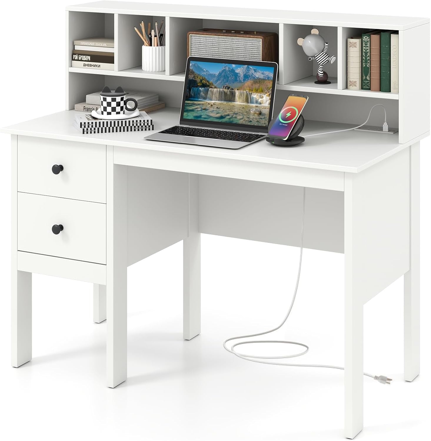 White Desk with Drawers & Hutch, Modern Home Office Desk Writing Study Desk with Charging Station, Laptop Desk with 5 Storage Compartments, Computer Workstation Makeup Vanity Desk