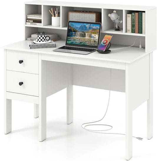 White Desk with Drawers & Hutch, Modern Home Office Desk Writing Study Desk with Charging Station, Laptop Desk with 5 Storage Compartments, Computer Workstation Makeup Vanity Desk